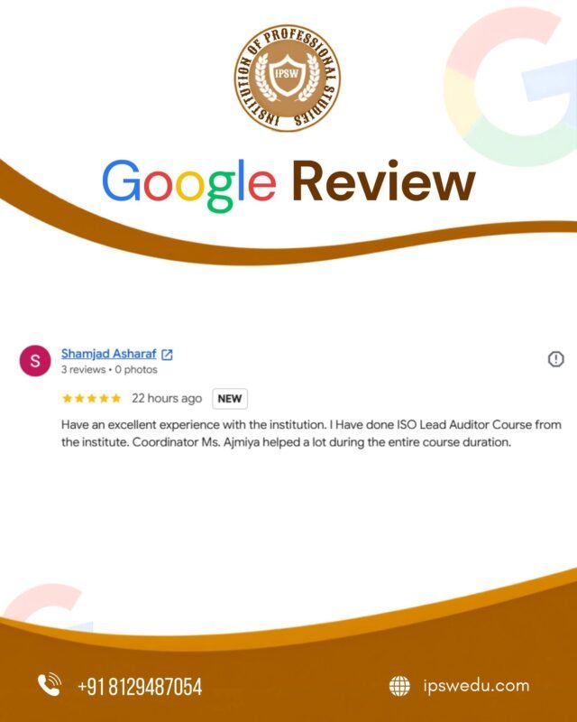 🌟 Your Trust Inspires Us to Do Better! 🌟

We are delighted to receive such positive feedback from our learner on the ISO Lead Auditor Course at the Institution of Professional Studies (IPSW).

Your appreciation motivates our team to continue delivering quality training, professional guidance, and a supportive learning experience. A special thank you for recognizing our course coordinator for her dedicated support throughout the training journey. 🤝

At IPSW, your growth and success are our priority!

📞 Contact us: +91 81294 87054
🌐 Website: ipswedu.com

#GoogleReviews #LearnerFeedback #ISOLeadAuditor #ProfessionalTraining #QualityEducation #IPSW #CareerDevelopment #HSETraining