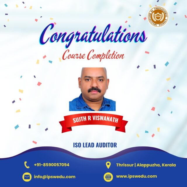 🎉 Congratulations Sujith! 🎉
We’re proud to celebrate your Course Completion in ISO Lead Auditor with IPSW Institution. 🌟

Your dedication and hard work have led you to this achievement — another step toward becoming a certified safety professional. 💪

📍 Locations: Thrissur | Alappuzha, Kerala
🌐 www.ipswedu.com

📞 +91 8590057094

#IPSW #Congratulations #ISOLeadAuditor #CourseCompletion #SafetyTraining #ProfessionalGrowth #KeralaEducation