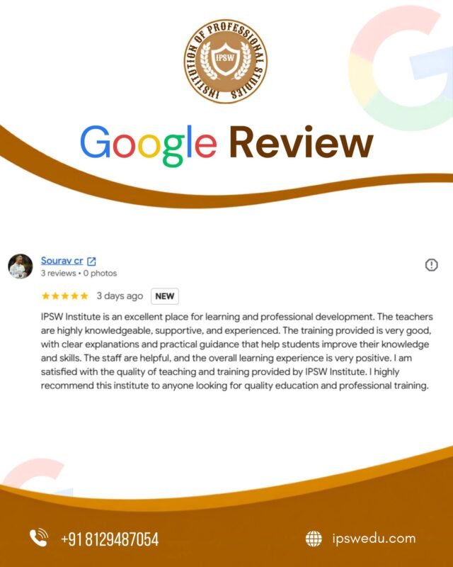 🌟 Your Trust Inspires Us to Grow!

We are delighted to receive such positive feedback about IPSW Institute! 🎓

Your appreciation for our knowledgeable trainers, practical learning approach, and supportive environment motivates us to continue delivering quality education and professional development.

Thank you for trusting IPSW Institute and recommending us to others. Your feedback inspires us to keep raising the standards of learning and training. 🤝

⭐ Your feedback matters. Your success is our motivation!

#IPSWInstitute #GoogleReviews #StudentFeedback #ProfessionalDevelopment #QualityEducation #CareerGrowth #TrainingExcellence