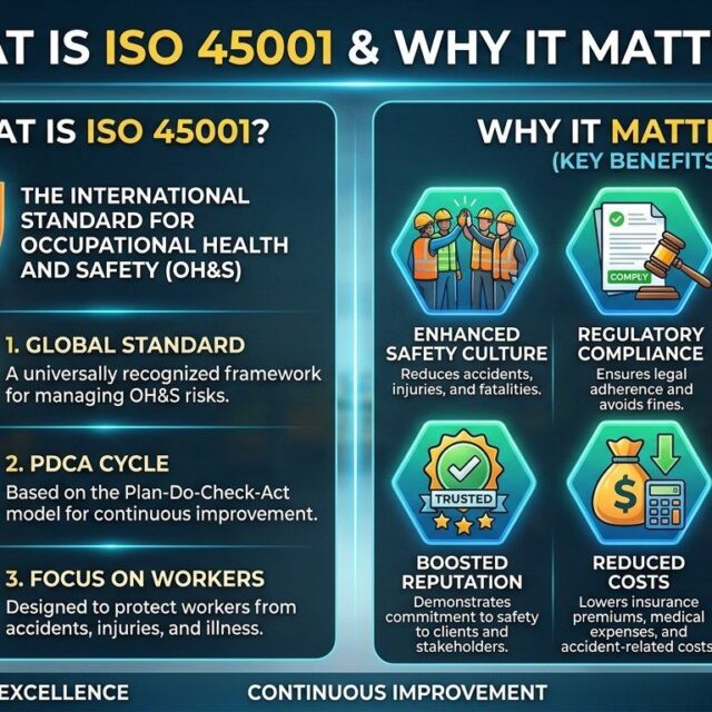 🔍 What is ISO 45001?
ISO 45001 is an international standard for Occupational Health & Safety Management Systems (OHSMS) that helps organizations create a safe and healthy workplace.

💡 Why It Matters?
✅ Reduces workplace accidents & injuries
✅ Ensures legal compliance
✅ Improves employee safety & morale
✅ Enhances company reputation globally
✅ Boosts productivity & business growth

🚀 Bottom Line:
ISO 45001 isn’t just a certification—it’s a commitment to protect people and build a safer future.