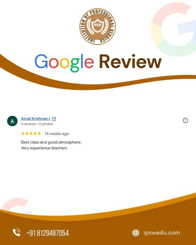🌟 Your Trust Inspires Us to Do Better!

We’re delighted to receive such positive feedback about our classes, learning atmosphere, and experienced trainers. Your valuable words motivate us to continue delivering quality education and professional training. 💙

Thank you for choosing IPSW and being part of our learning community!

⭐ Have you trained with us? Share your experience through a Google Review!

📞 +91 81294 87054
🌐 ipswedu.com

#IPSW #GoogleReviews #StudentFeedback #ProfessionalTraining #QualityEducation #SafetyTraining #LearningAndDevelopment