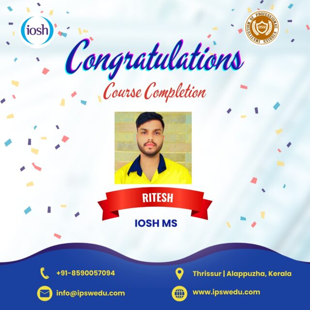 A milestone achieved!
Congratulations to Ritesh for completing IOSH.
We wish you great success and continuous growth in your professional journey.